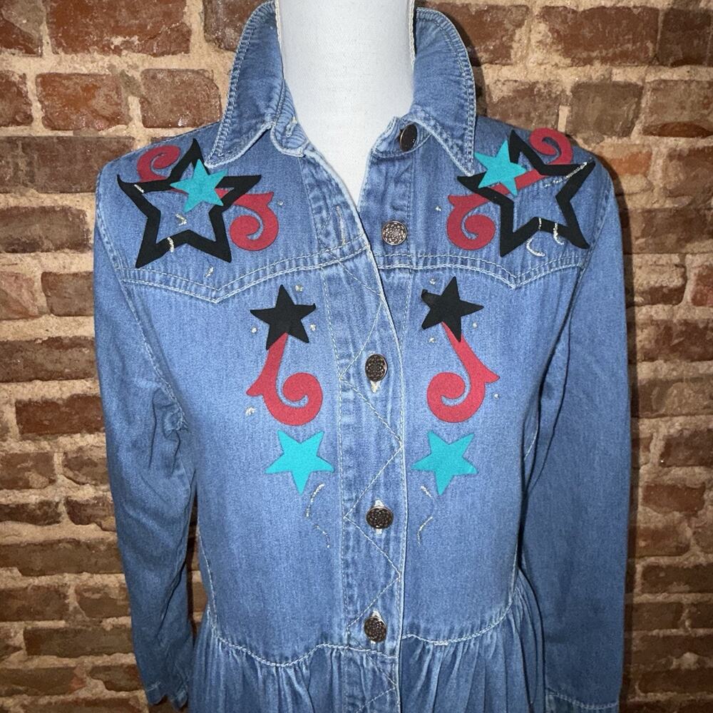Vintage 90s Western Denim Star Applique Midi Dress Studio 25 Cowgirl Festival M - Picture 3 of 11
